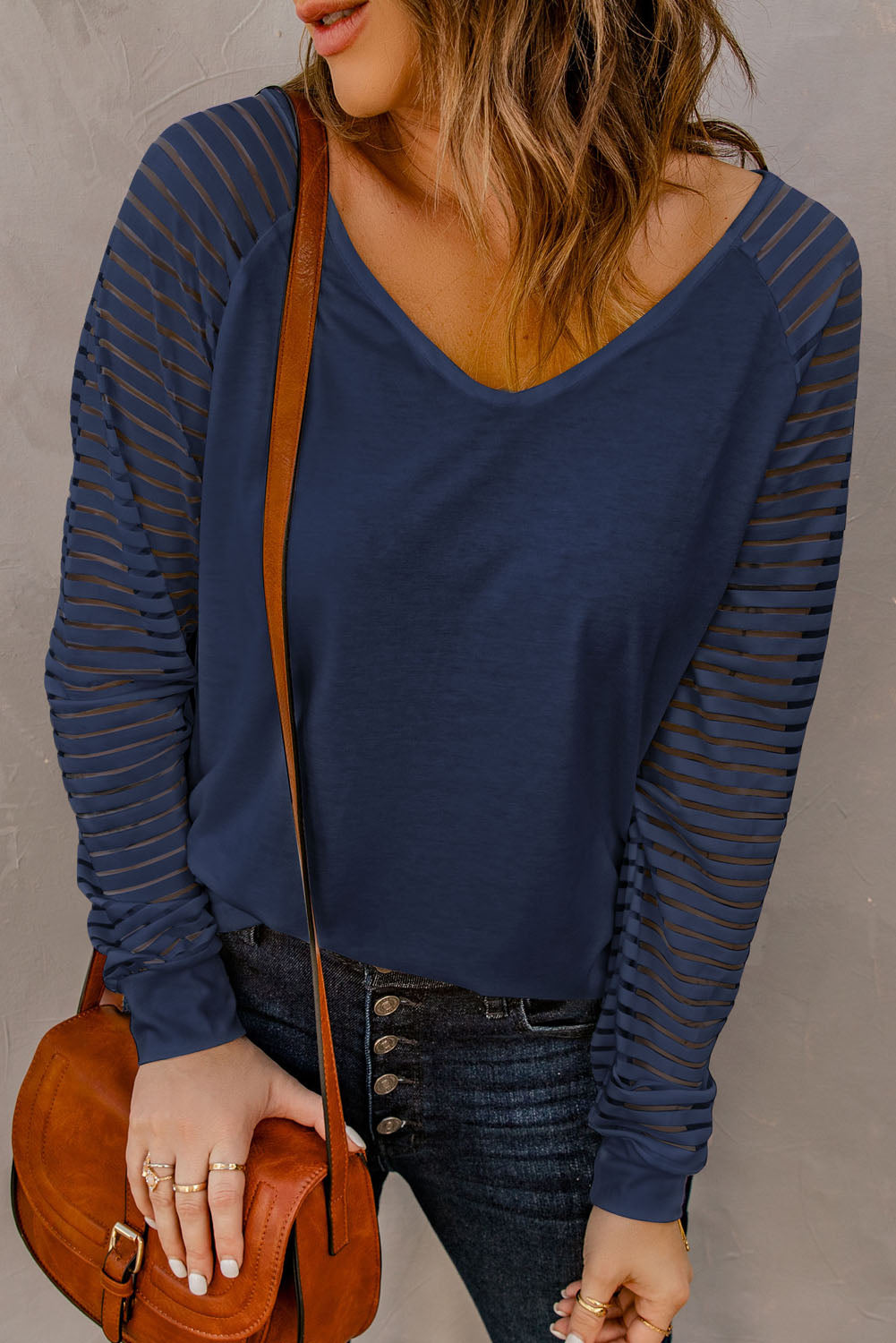 Blue Sheer Stripe V-Neck Top Long Sleeve Tops JT's Designer Fashion