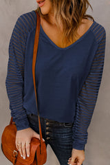 Blue Sheer Stripe V-Neck Top Long Sleeve Tops JT's Designer Fashion