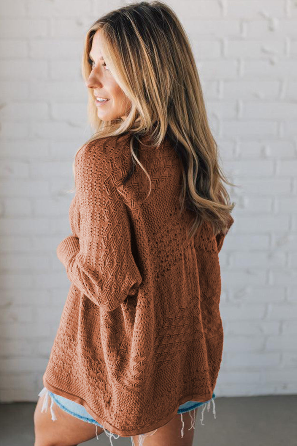 Redwood Burl Mix Pattern Hollowed Knit Open Front Cardigan Cardigans JT's Designer Fashion