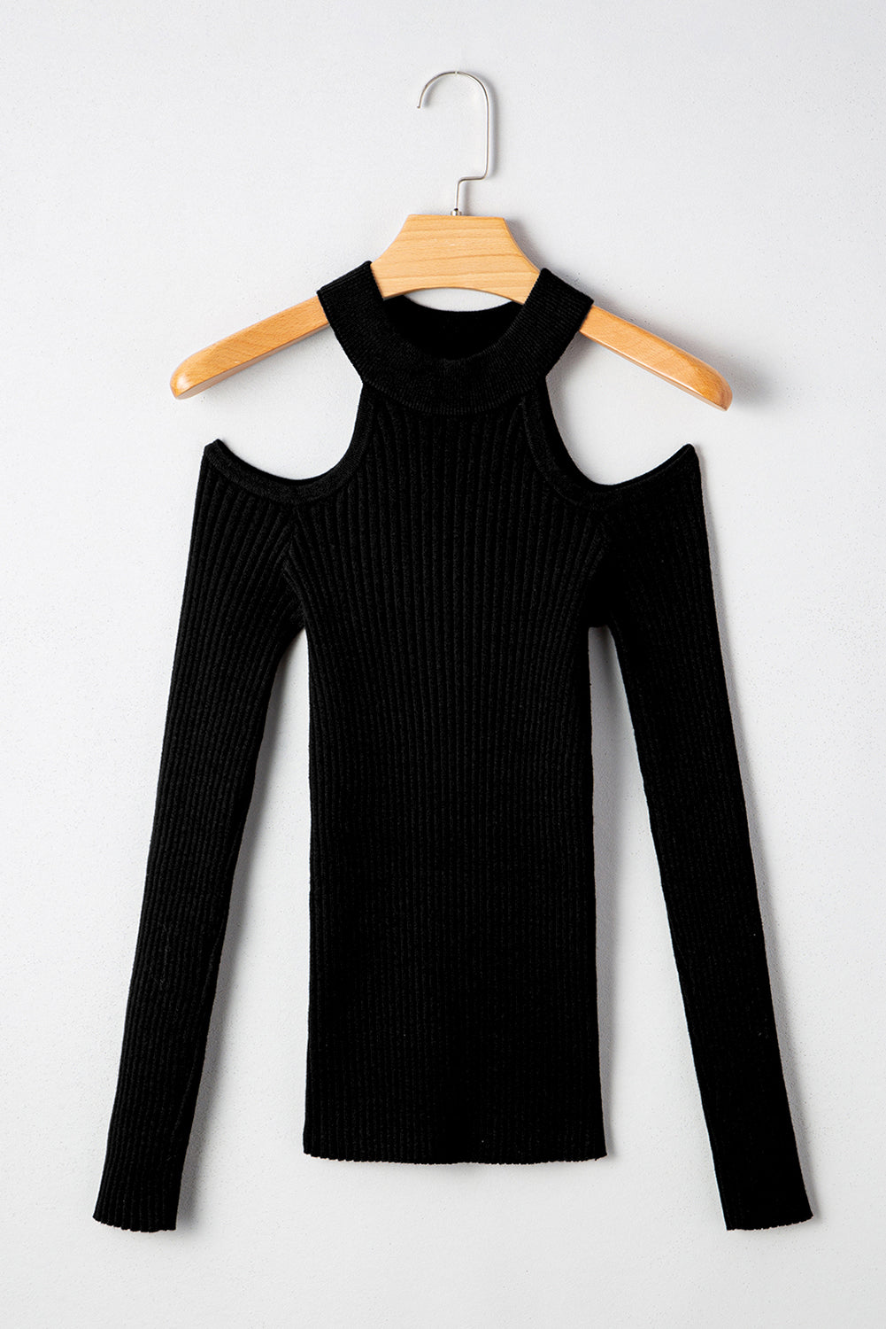 Black Ribbed Knit Cold Shoulder Choker Neck Sweater Sweaters JT's Designer Fashion