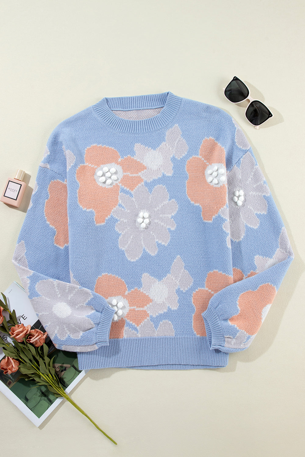 Beau Blue Floral O Neck Drop Shoulder Knitted Sweater Sweaters JT's Designer Fashion