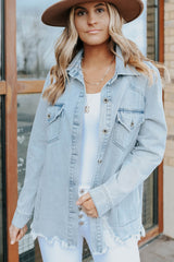 Sky Blue Flap Pocket Buttoned Raw Hem Denim Jacket Denim Jackets JT's Designer Fashion