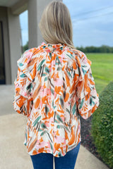 Yellow Abstract Print Drawstring Frilled V Neck 3/4 Sleeve Blouse Blouses & Shirts JT's Designer Fashion