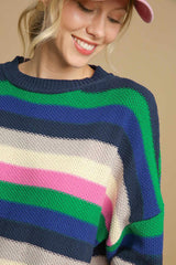 Bright Green Rainbow Striped Crew Neck Drop Shoulder Sweater Sweaters JT's Designer Fashion