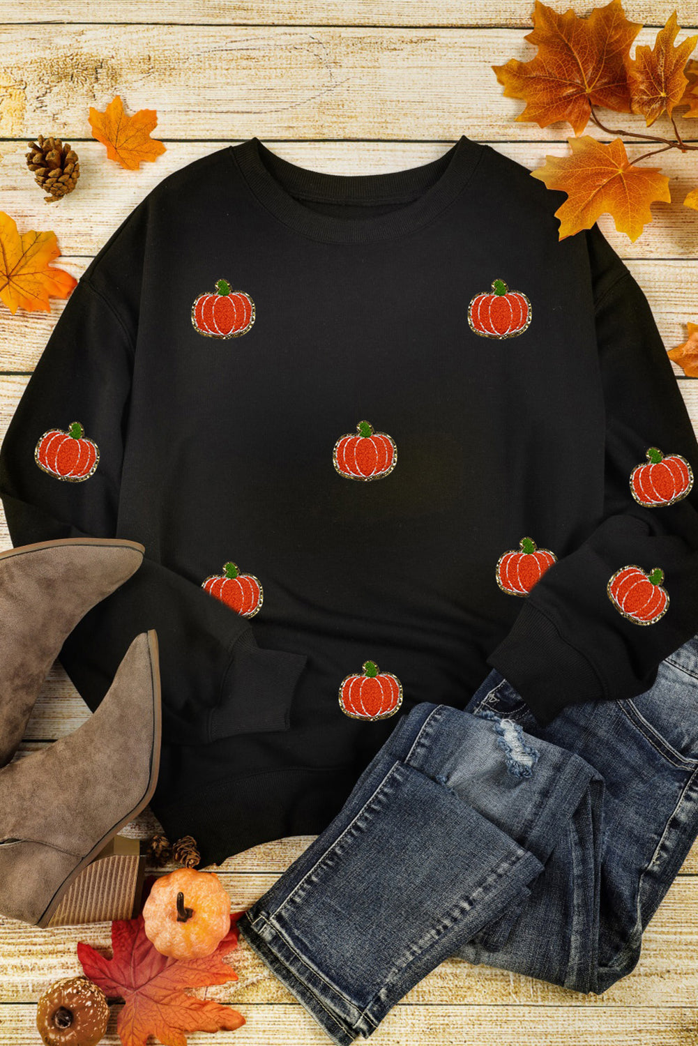 Black Halloween Pumpkin Graphic Drop Shoulder Sweatshirt Graphic Sweatshirts JT's Designer Fashion