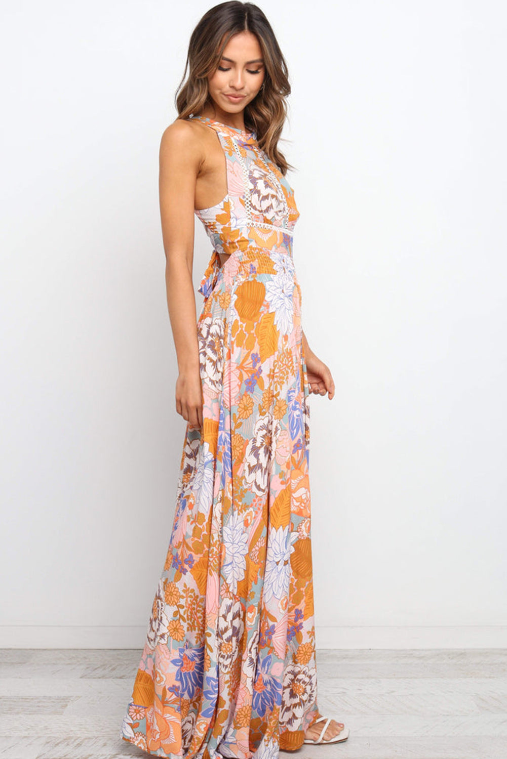 Orange Boho Floral Backless Lace up Sleeveless Maxi Dress Dresses JT's Designer Fashion