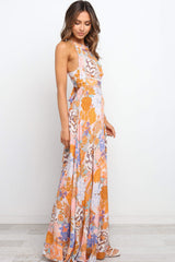 Orange Boho Floral Backless Lace up Sleeveless Maxi Dress Dresses JT's Designer Fashion