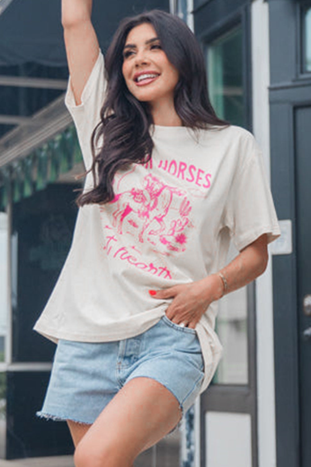 White Western BREAK HORSES Cowboy Graphic Crewneck T Shirt Graphic Tees JT's Designer Fashion