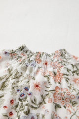 Green Floral Print Tiered Frilled Shirred Mock Neck Mini Dress Floral Dresses JT's Designer Fashion
