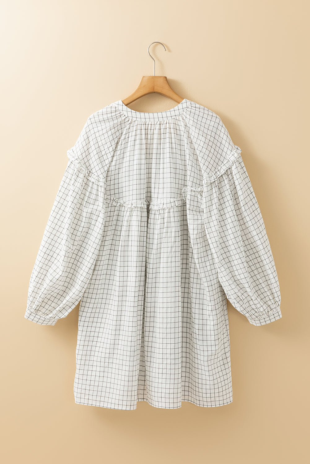 White Stripe Checkered Frilled V Neck Bracelet Sleeve Babydoll Dress Mini Dresses JT's Designer Fashion