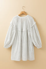 White Stripe Checkered Frilled V Neck Bracelet Sleeve Babydoll Dress Mini Dresses JT's Designer Fashion