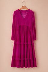 Rose Red Shirred V Neck Tiered Ruffled Velvet Plus Size Maxi Dress Plus Size Dresses JT's Designer Fashion