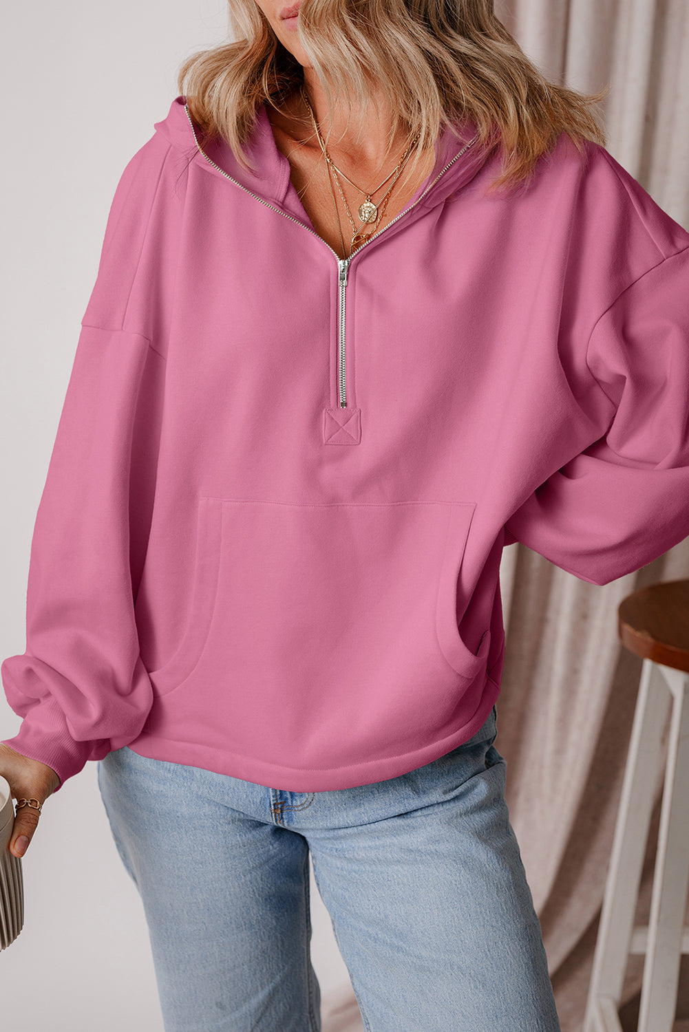 Valerian Fleece Lined Half Zipper Kangaroo Pockets Loose Hoodie Sweatshirts & Hoodies JT's Designer Fashion