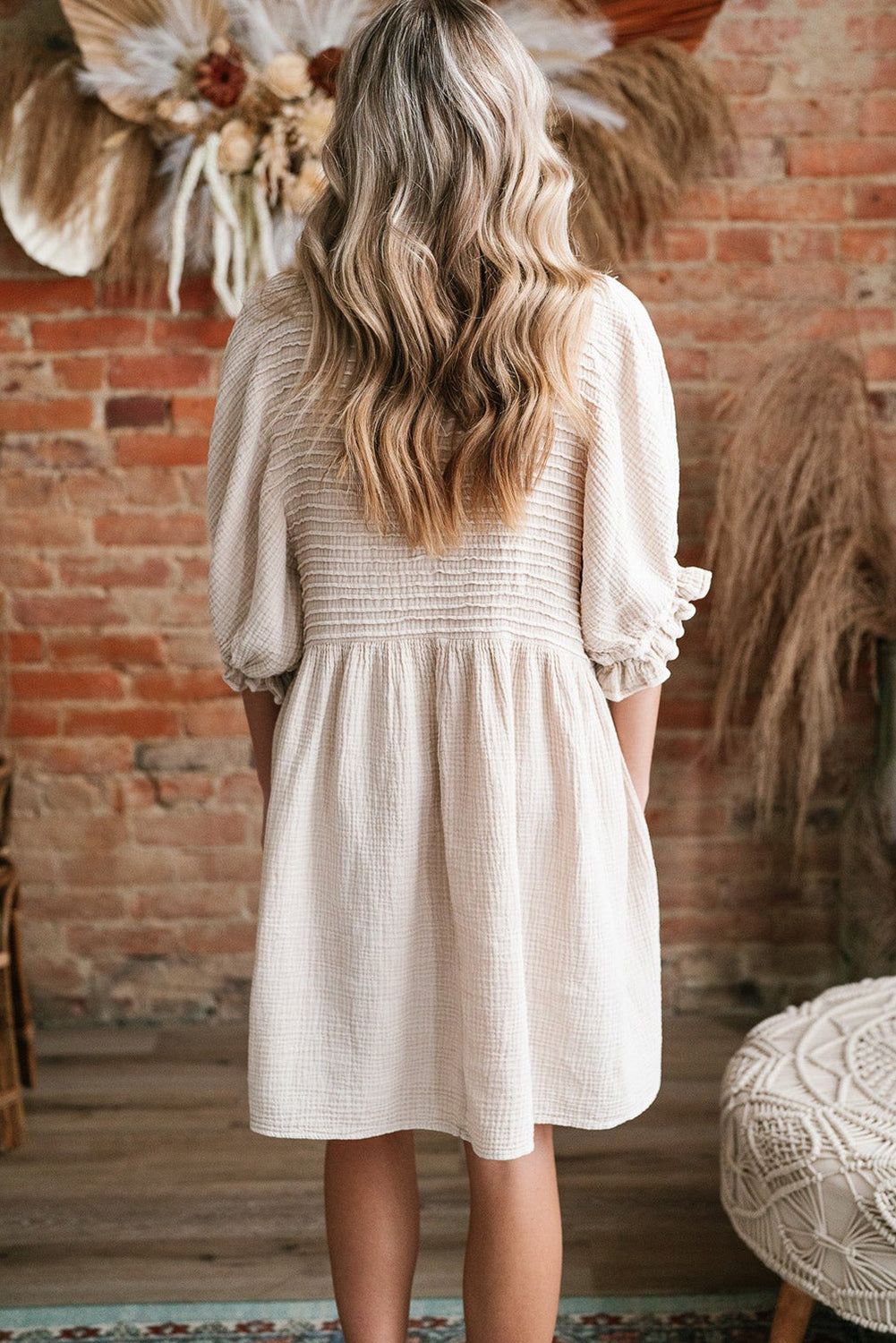 White Textured Ruffled Puff Sleeve Loose Dress Mini Dresses JT's Designer Fashion