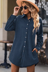 Blue Corduroy Shirt Style Full Button Long Sleeve Shift Mini Dress Mini Dresses JT's Designer Fashion
