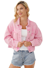 Pink Rivet Studded Pocketed Denim Jacket Denim Jackets JT's Designer Fashion