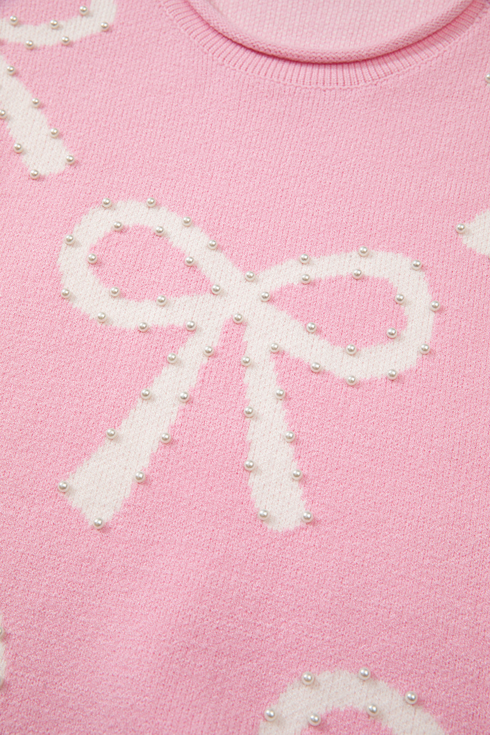 Pink Pearl Beaded Bowknot Pattern Distressed Split Hem Sweater Sweaters JT's Designer Fashion