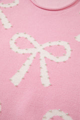 Pink Pearl Beaded Bowknot Pattern Distressed Split Hem Sweater Sweaters JT's Designer Fashion