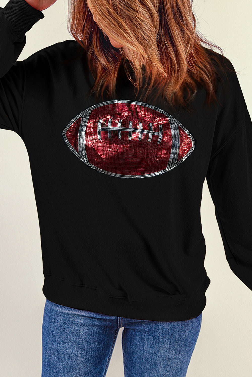 Black Rhinestone Rugby Football Pattern Crew Neck Pullover Sweatshirt Graphic Sweatshirts JT's Designer Fashion