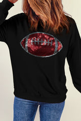 Black Rhinestone Rugby Football Pattern Crew Neck Pullover Sweatshirt Graphic Sweatshirts JT's Designer Fashion