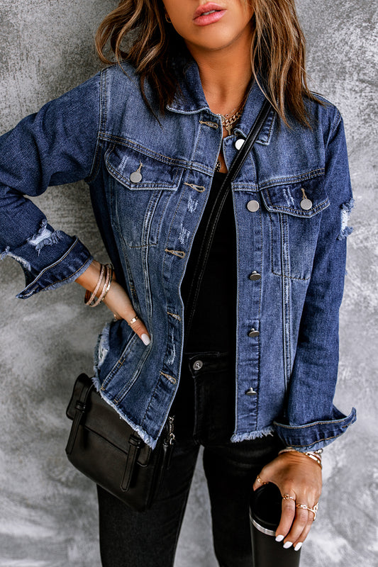 Blue Lapel Distressed Raw Hem Buttons Denim Jacket Blue dark blue Denim Jackets JT's Designer Fashion