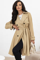 Pale Khaki Solid Color Lapel Collar Waist Tie Wind Coat Coats JT's Designer Fashion