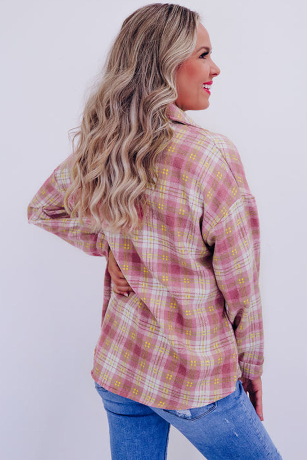 Pink Plaid Print Chest Pocket Long Sleeve Shacket Plaid Shackets JT's Designer Fashion