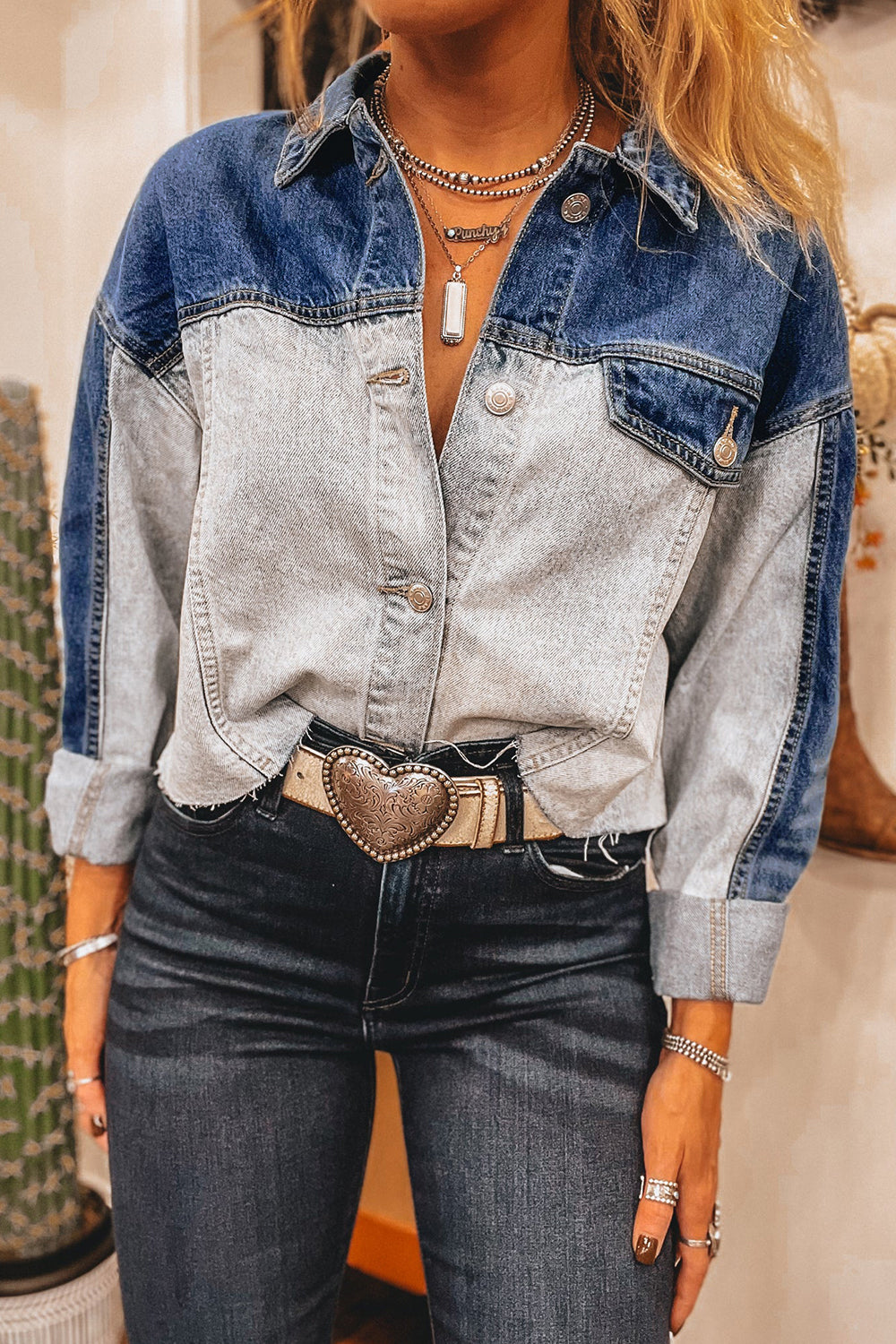 Dusk Blue Color Block Patchwork Flap Detail Distress Denim Jacket Dusk Blue 75%Cotton+25%Polyester Denim Jackets JT's Designer Fashion