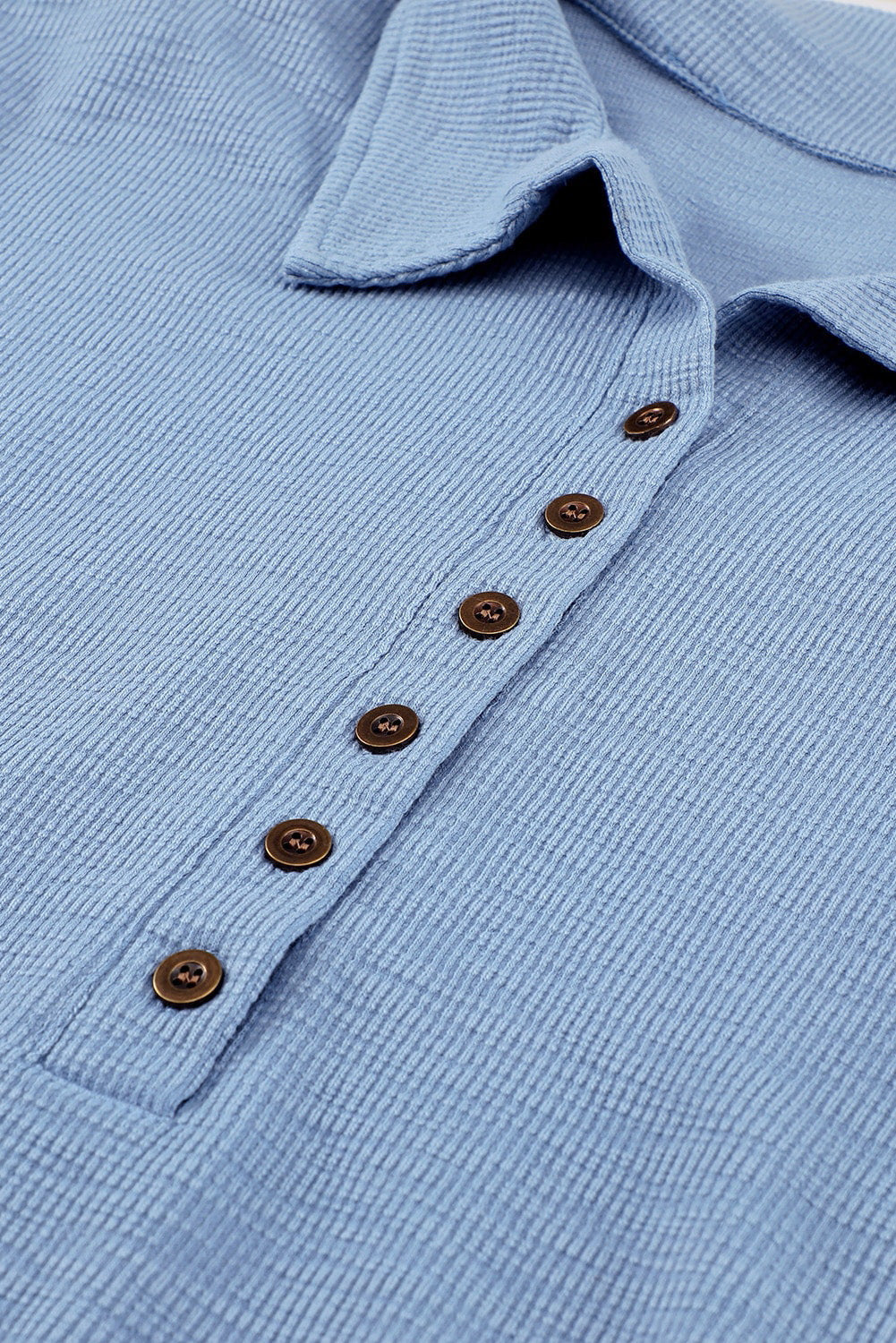 Sky Blue Button Front Turn-down Neck Knit Top Long Sleeve Tops JT's Designer Fashion