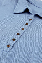 Sky Blue Button Front Turn-down Neck Knit Top Long Sleeve Tops JT's Designer Fashion