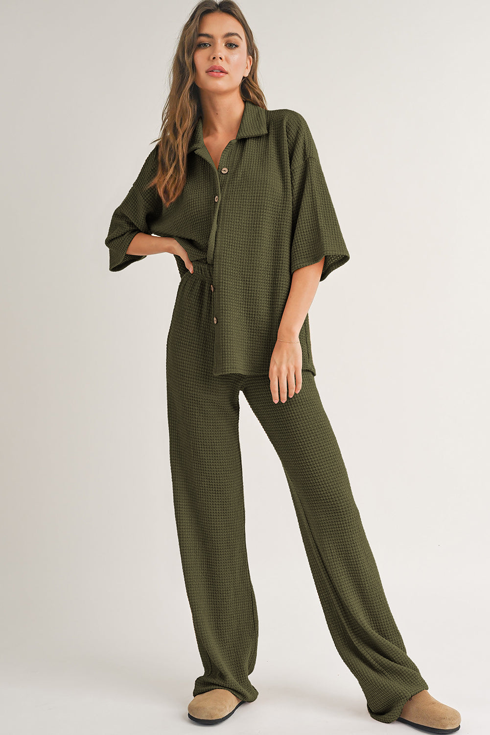Four Leaf Clover Solid Color Textured Buttoned Shirt and Casual Pants Set Pant Sets JT's Designer Fashion