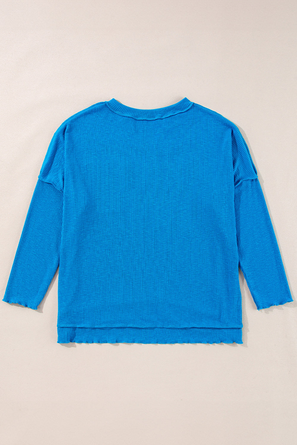 Blue Ribbed Exposed Seam Knit V Neck Long Sleeve Top Long Sleeve Tops JT's Designer Fashion