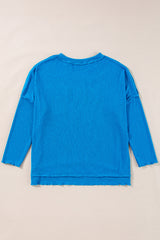 Blue Ribbed Exposed Seam Knit V Neck Long Sleeve Top Long Sleeve Tops JT's Designer Fashion