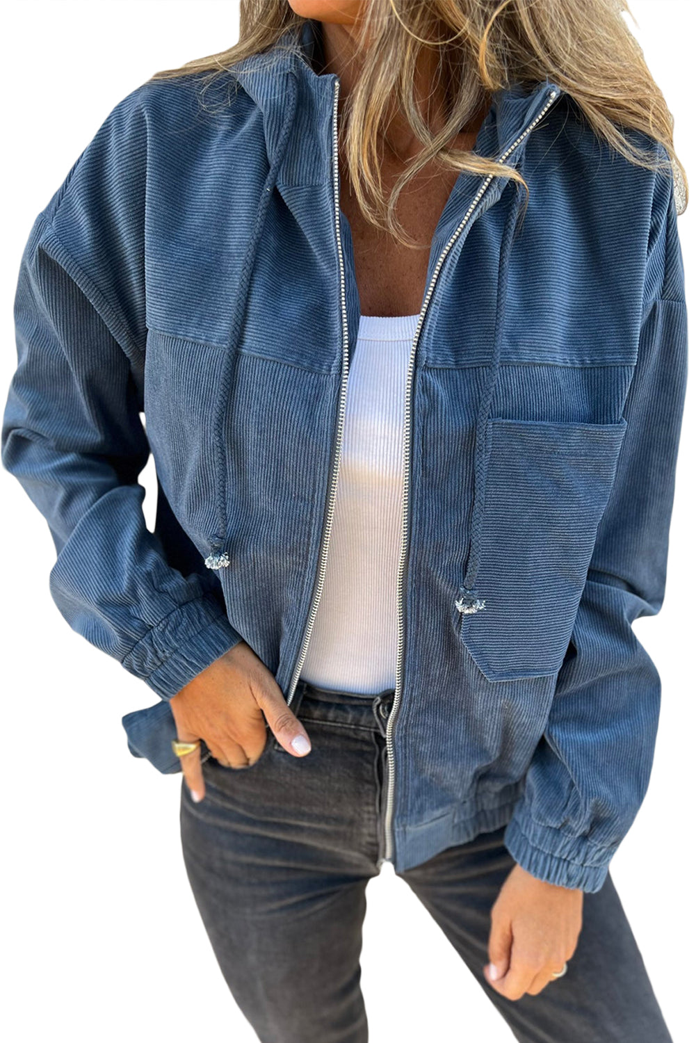 Real Teal Corduroy Drawstring Hooded Pocket Zip Up Jacket Jackets JT's Designer Fashion