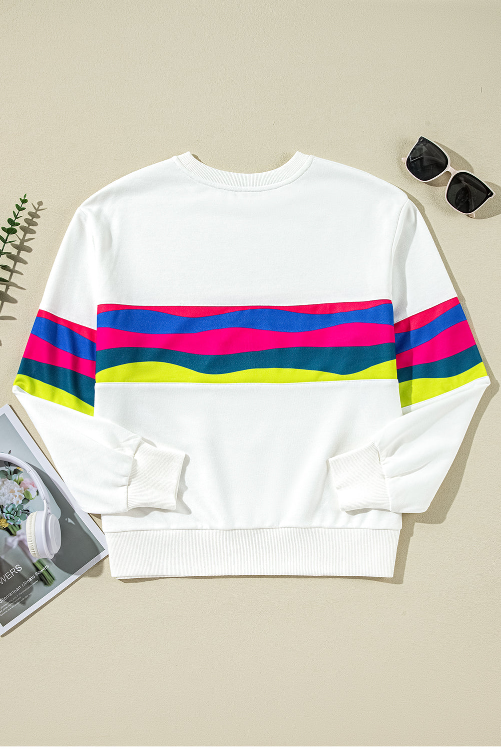 White Colorful Striped Accent Long Sleeve T Shirt Long Sleeve Tops JT's Designer Fashion