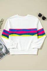 White Colorful Striped Accent Long Sleeve T Shirt Long Sleeve Tops JT's Designer Fashion