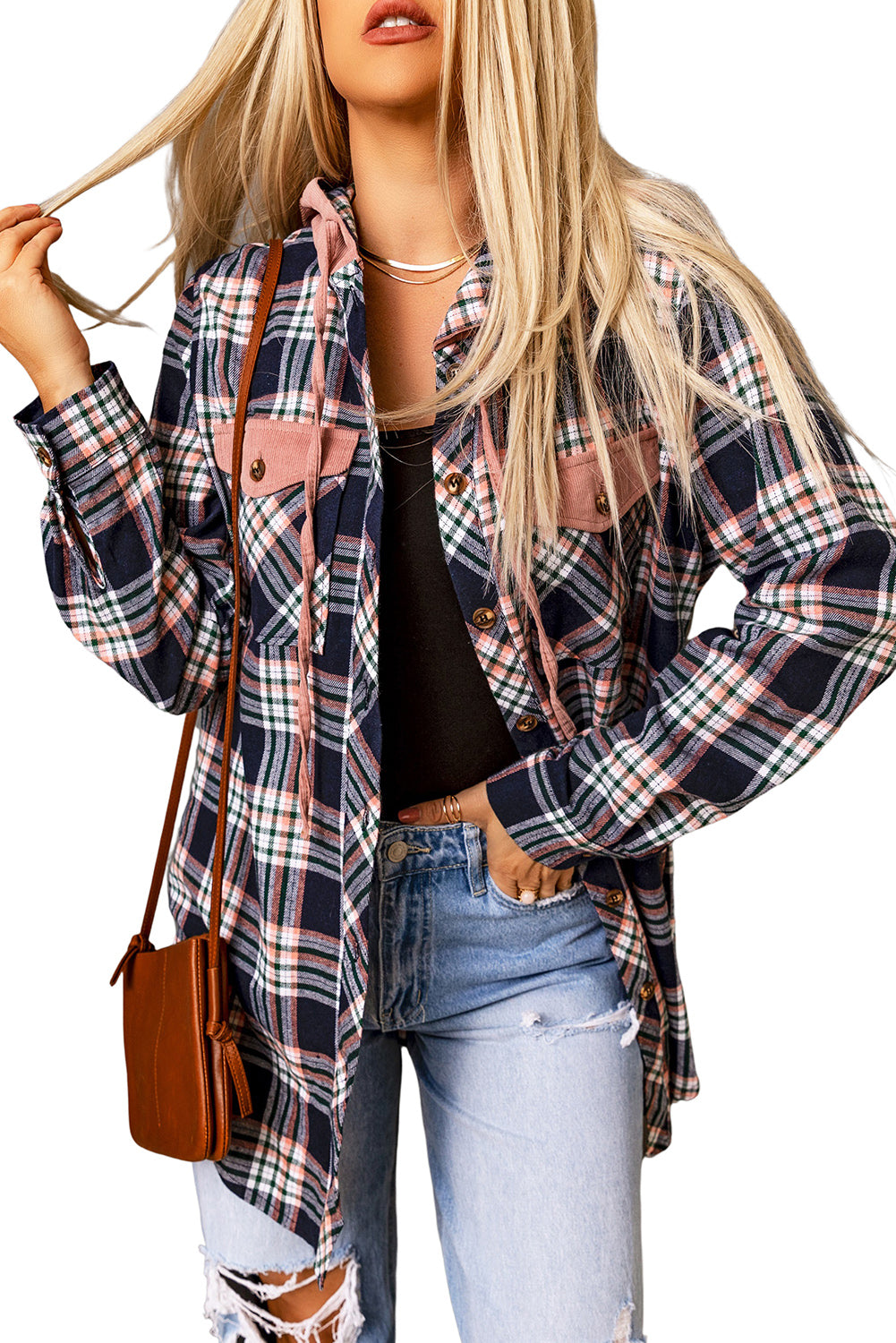 Pink Contrast Hooded Drawstring Plaid Shacket Plaid Shackets JT's Designer Fashion