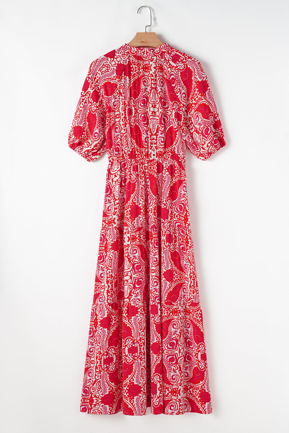 Red Paisley Print Side Slit Puff Sleeve High Waist Long Dress Maxi Dresses JT's Designer Fashion