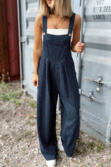 Sail Blue Plaid Print Buttoned Pocketed High Waist Overall Sail Blue 50%Polyester+50%Cotton Jumpsuits & Rompers JT's Designer Fashion
