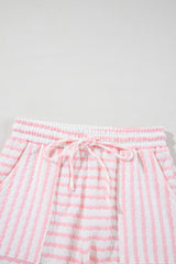 Pink Stripe Knitted Short Sleeve Top and Drawstring Shorts Set Short Sets JT's Designer Fashion