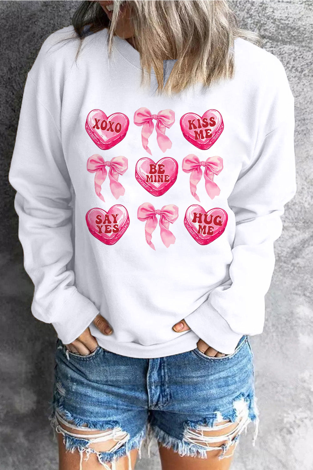 White Valentine Candy Heart & Bow Graphic Sweatshirt Graphic Sweatshirts JT's Designer Fashion