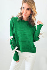 Bright Green Bow Knot Cut Out Round Neck Loose Sweater Sweaters JT's Designer Fashion