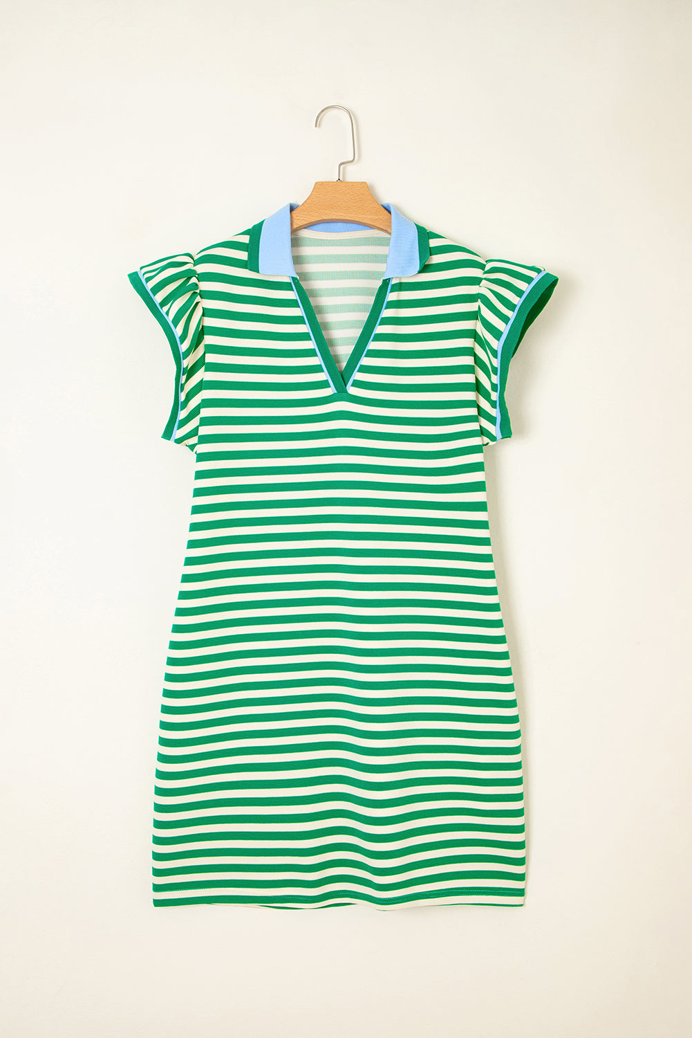 Green Stripe Print Contrast Collar Split Neck Flutter Sleeve Short Dress Mini Dresses JT's Designer Fashion