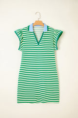Green Stripe Print Contrast Collar Split Neck Flutter Sleeve Short Dress Mini Dresses JT's Designer Fashion