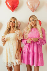 Apricot Sequined Lace Mesh Bubble Sleeve Square Neck Dress Mini Dresses JT's Designer Fashion