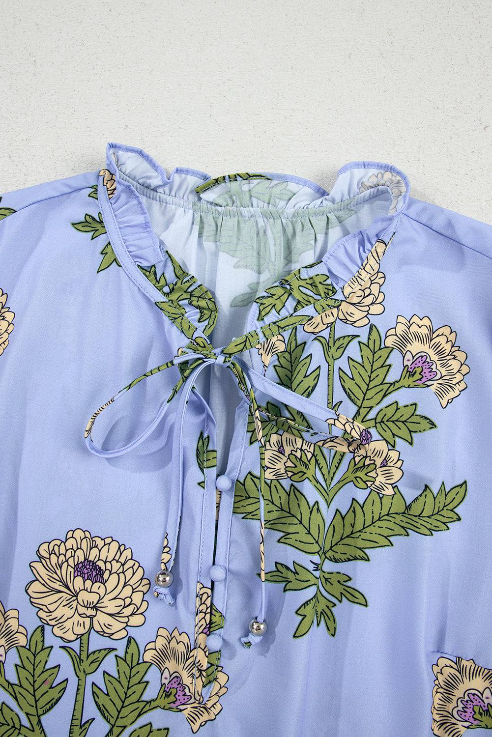 Sky Blue Floral Print Button Tie Neck Long Puff Sleeve Blouse Blouses & Shirts JT's Designer Fashion