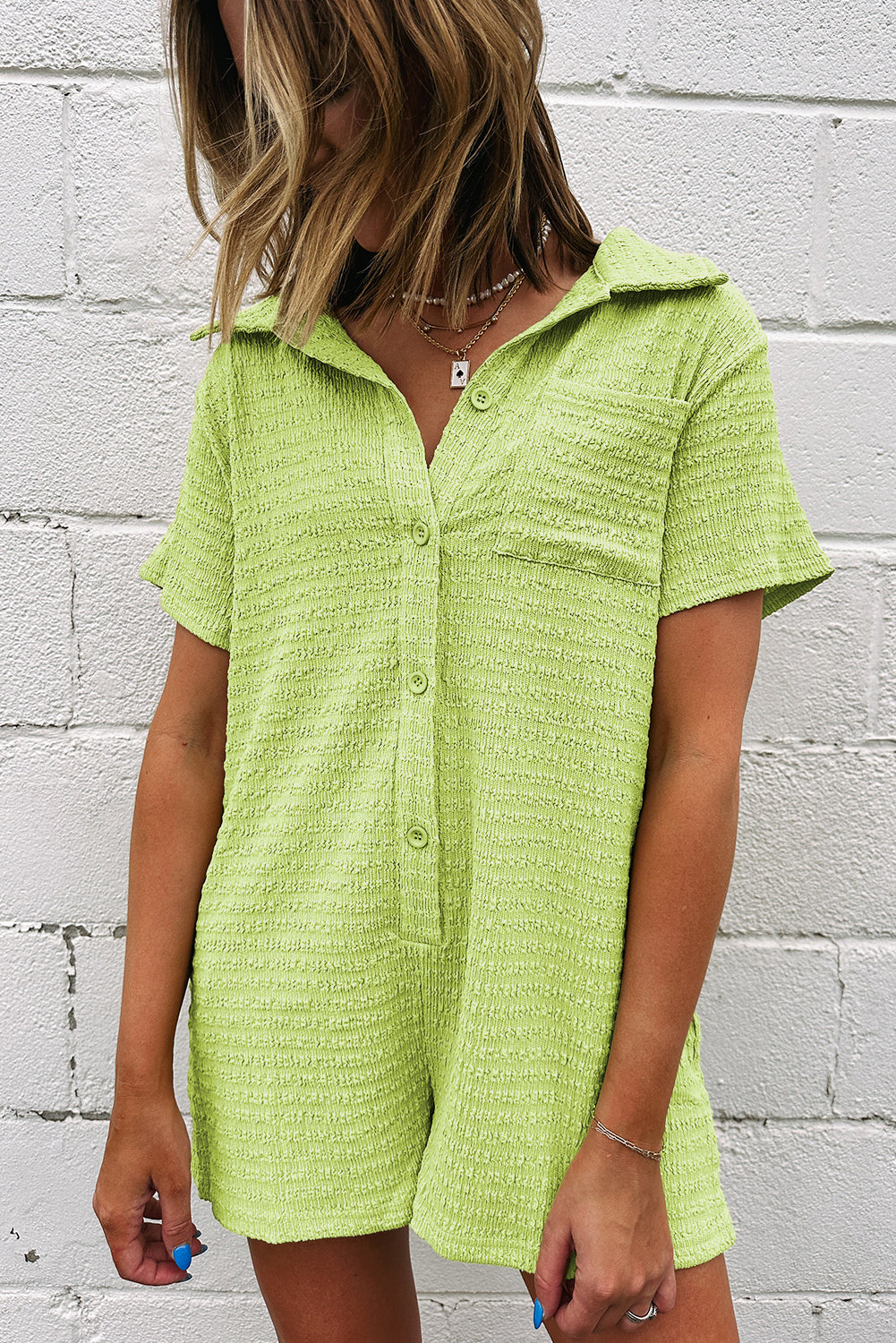 Meadow Mist Green Textured Short Sleeve Patched Pocket Buttoned Shirt Romper Jumpsuits & Rompers JT's Designer Fashion