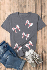 Gray Rugby Bow Knot Print Crewneck Casual T Shirt Graphic Tees JT's Designer Fashion