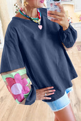 Sail Blue Flower Patchwork Raglan Sleeve Exposed Seam Oversized Top Long Sleeve Tops JT's Designer Fashion