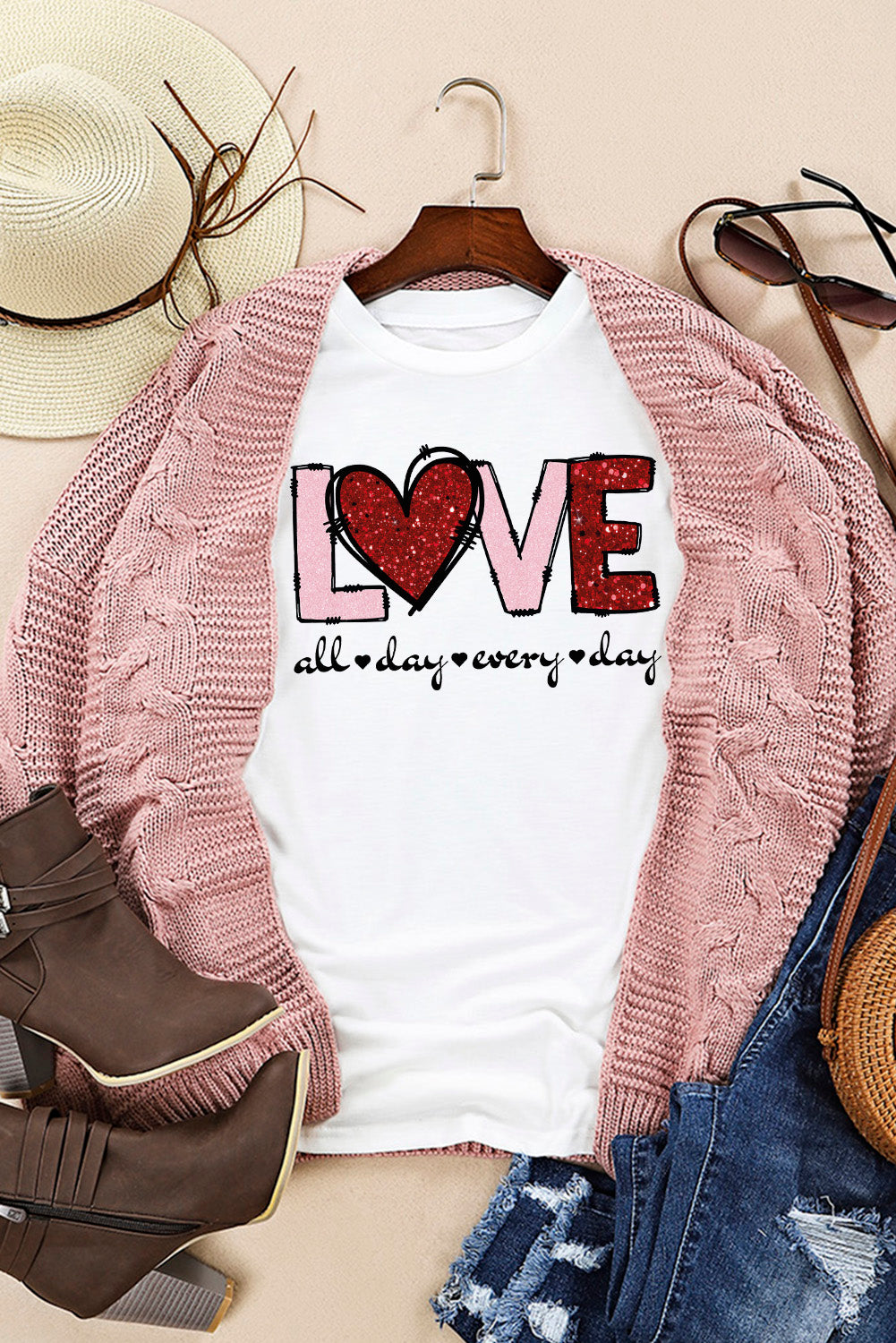 White Valentine LOVE Heart Shape Crew Neck Graphic Tee Graphic Tees JT's Designer Fashion